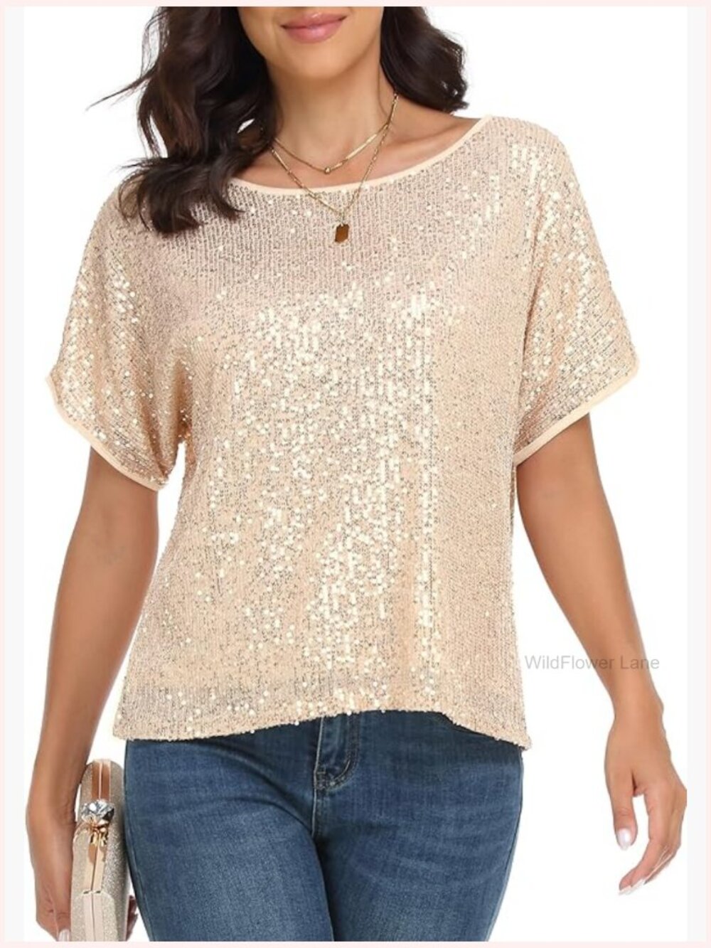 Sequined Sequin Tunic Top Short Sleeve Boat Neck Loose Party Blouse